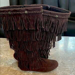 Brown Fringe Knee-High Boots